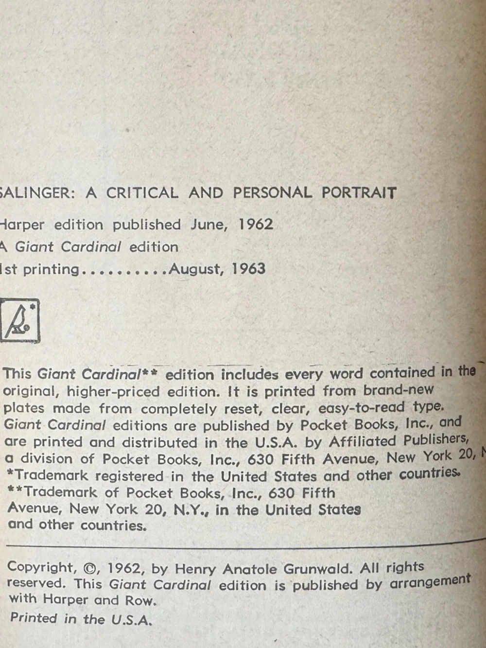 Vintage 1963 Salinger Critical & Personal Portrait J.D. Salinger MCM